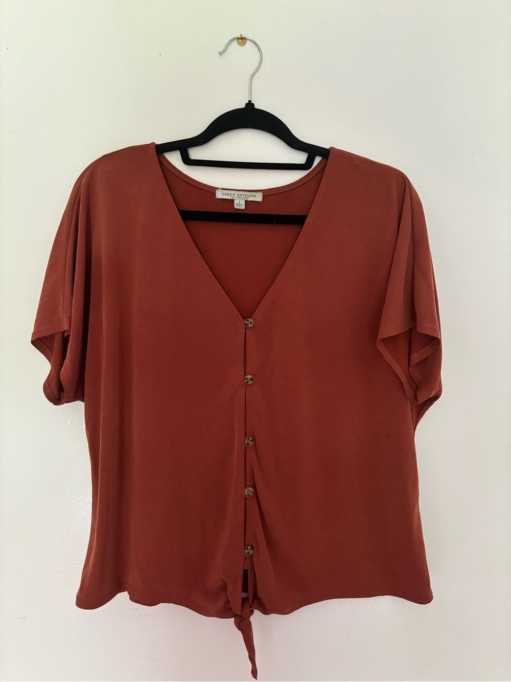 Rust Button-Front V-Neck Women's Top